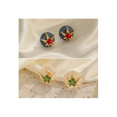 1 Par Retro Pentagrama Hoja De Arce Esmalte Embutido Vidrio Cobre Vidrio chapados en oro de 18k Pendientes